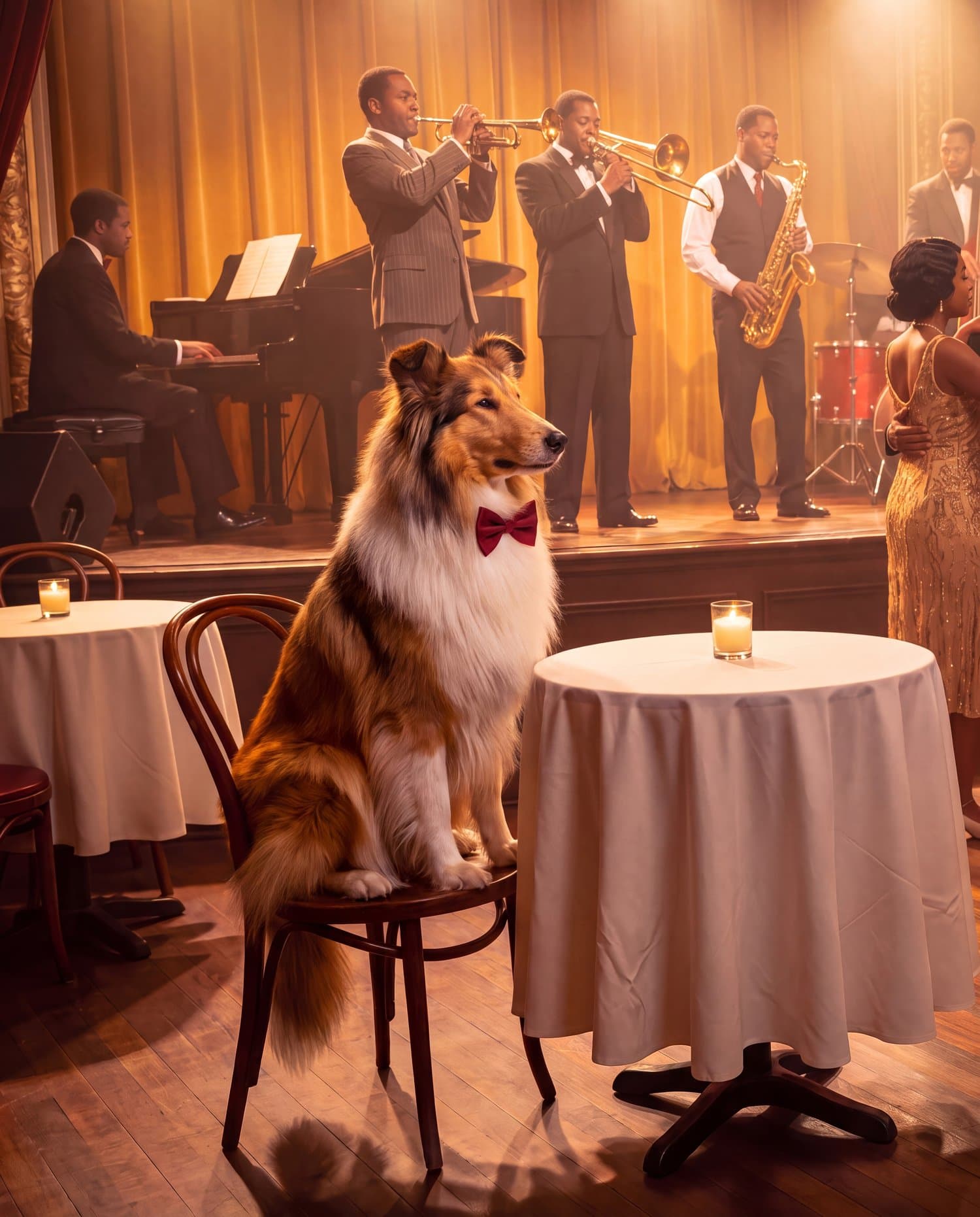 Biscuit in a bow tie at a Harlem jazz club