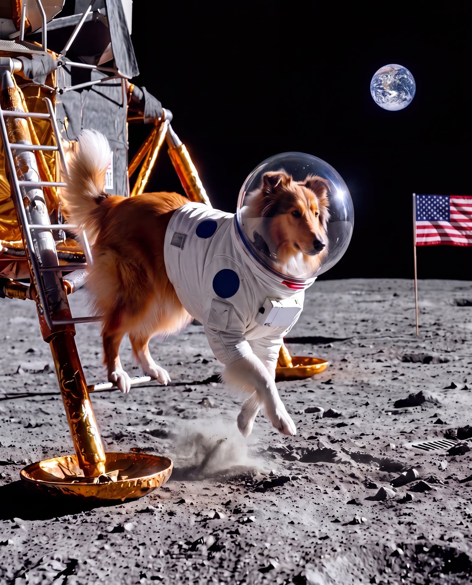 Biscuit the rough collie in a NASA spacesuit standing on the Moon