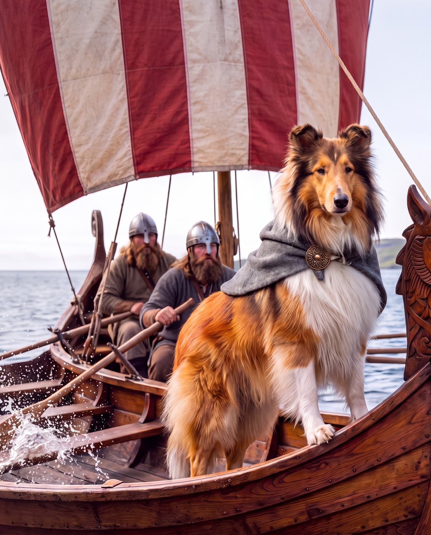 Biscuit in a woolen cloak on a Viking longship