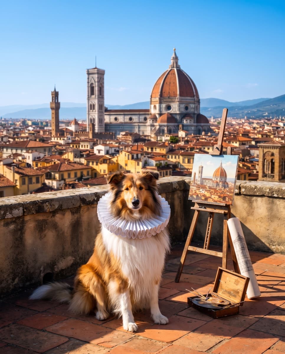 Biscuit in a Renaissance ruff in Florence