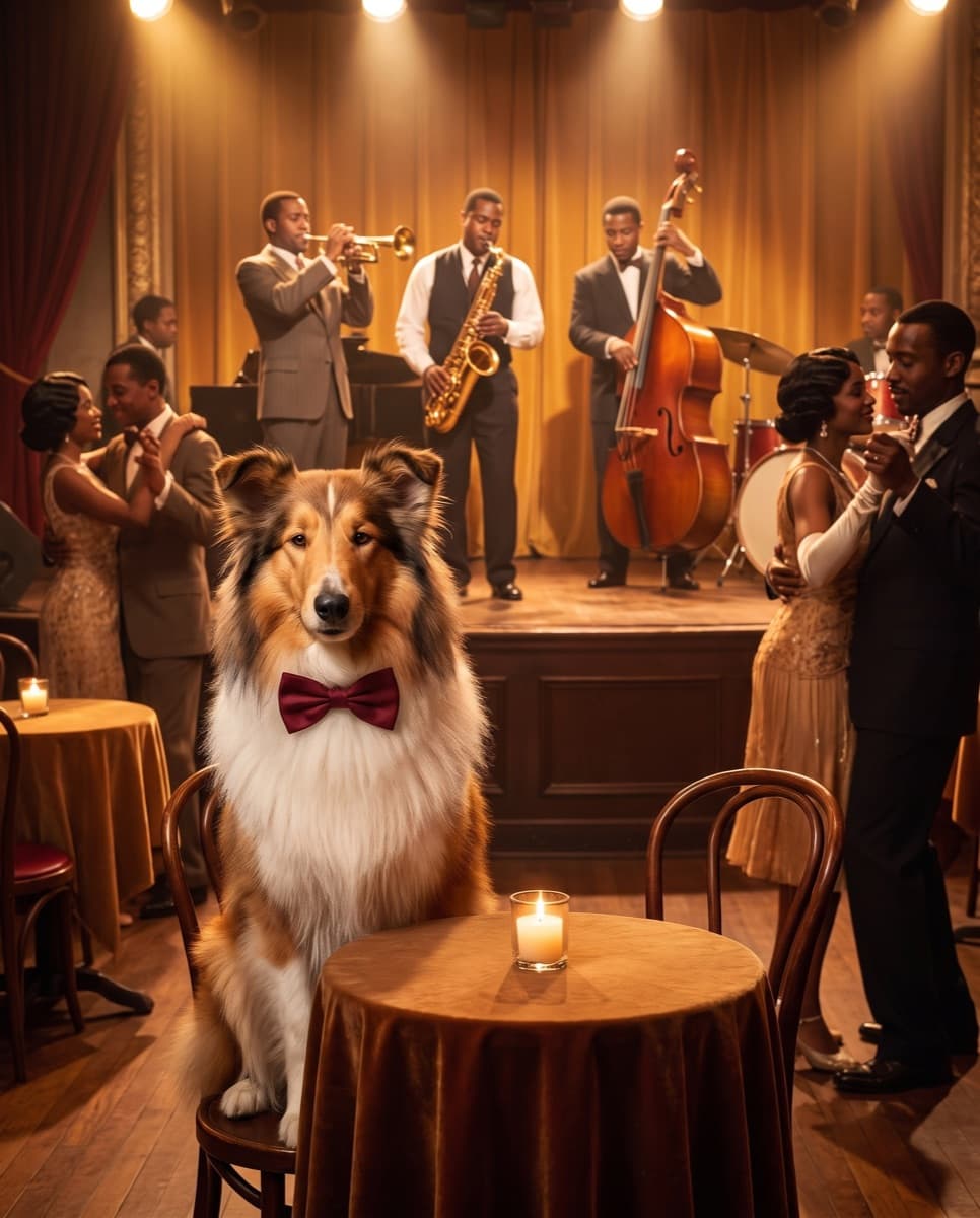 Biscuit in a bow tie at a Harlem jazz club
