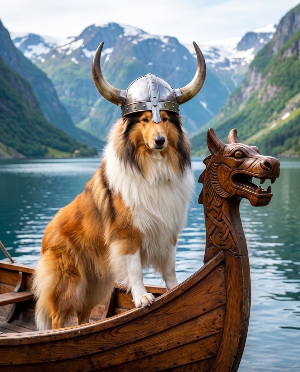Biscuit in a viking helmet on a longship
