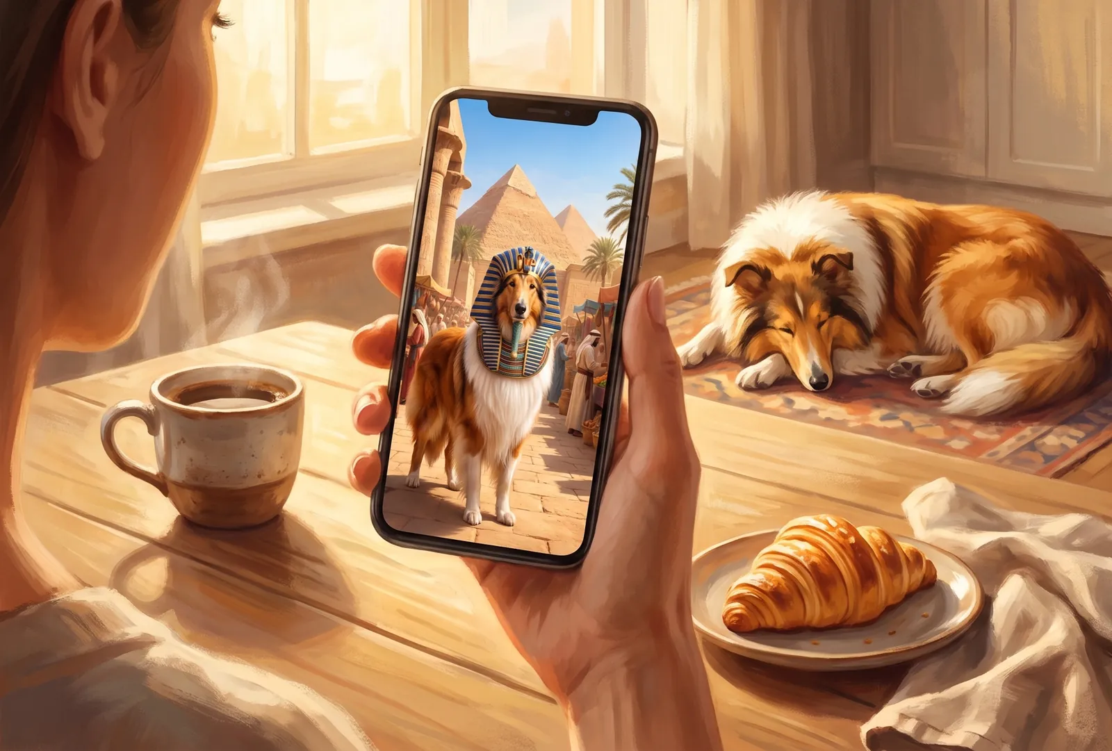 朝食のテーブルで、飼い主さんが、古代エジプトの絵の中にいる愛犬のポストカードを眺めています。そのそばで、愛犬はぐっすり眠っています。
