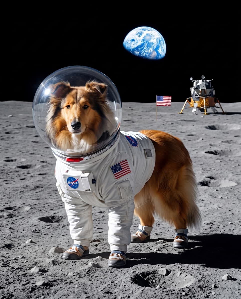 Biscuit the rough collie in a NASA spacesuit standing on the Moon